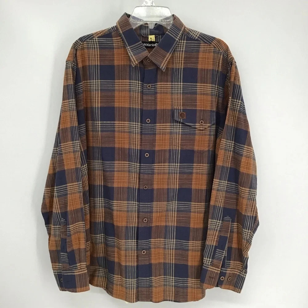 Solaris Men’s Long Sleeve Button Down Shirt Cotton Navy Plaid Size XL